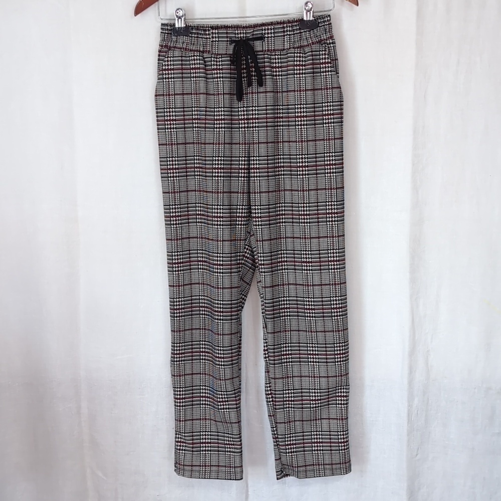 Joe B Black White Houndstooth Plaid High Rise Straight Leg Pull On Pant Size Med